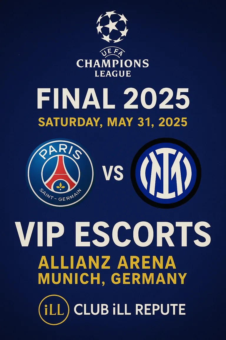 UEFA Champions League Final 2025 poster — PSG vs Inter Milan, VIP escorts by Club iLL Repute at Munich’s Allianz Arena
