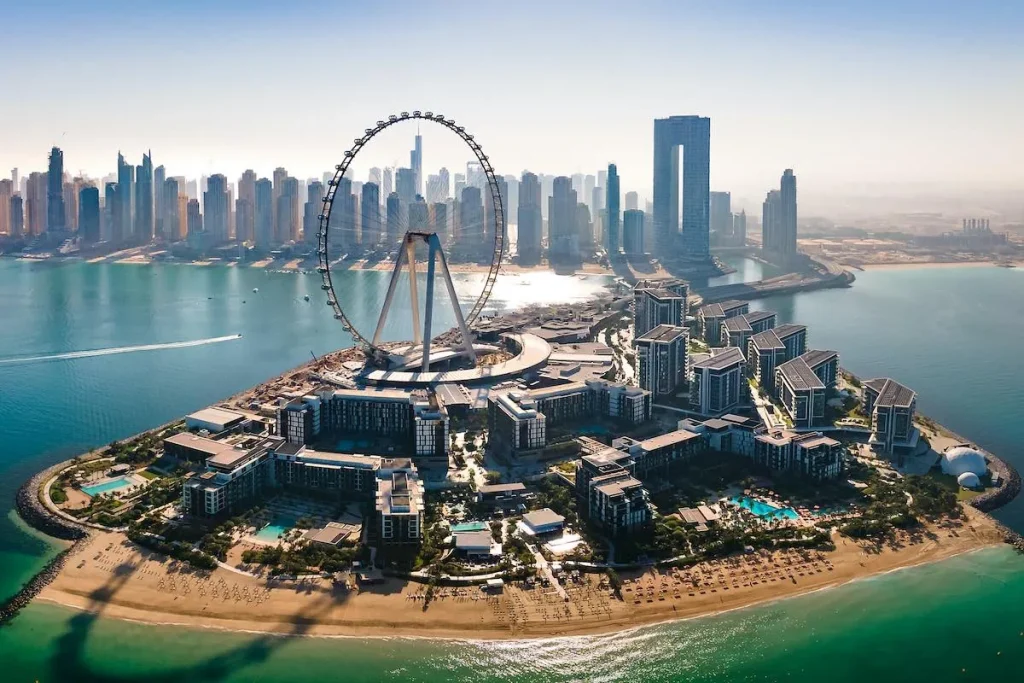 Aerial view of Bluewaters Island and Dubai skyline with Ain Dubai observation wheel