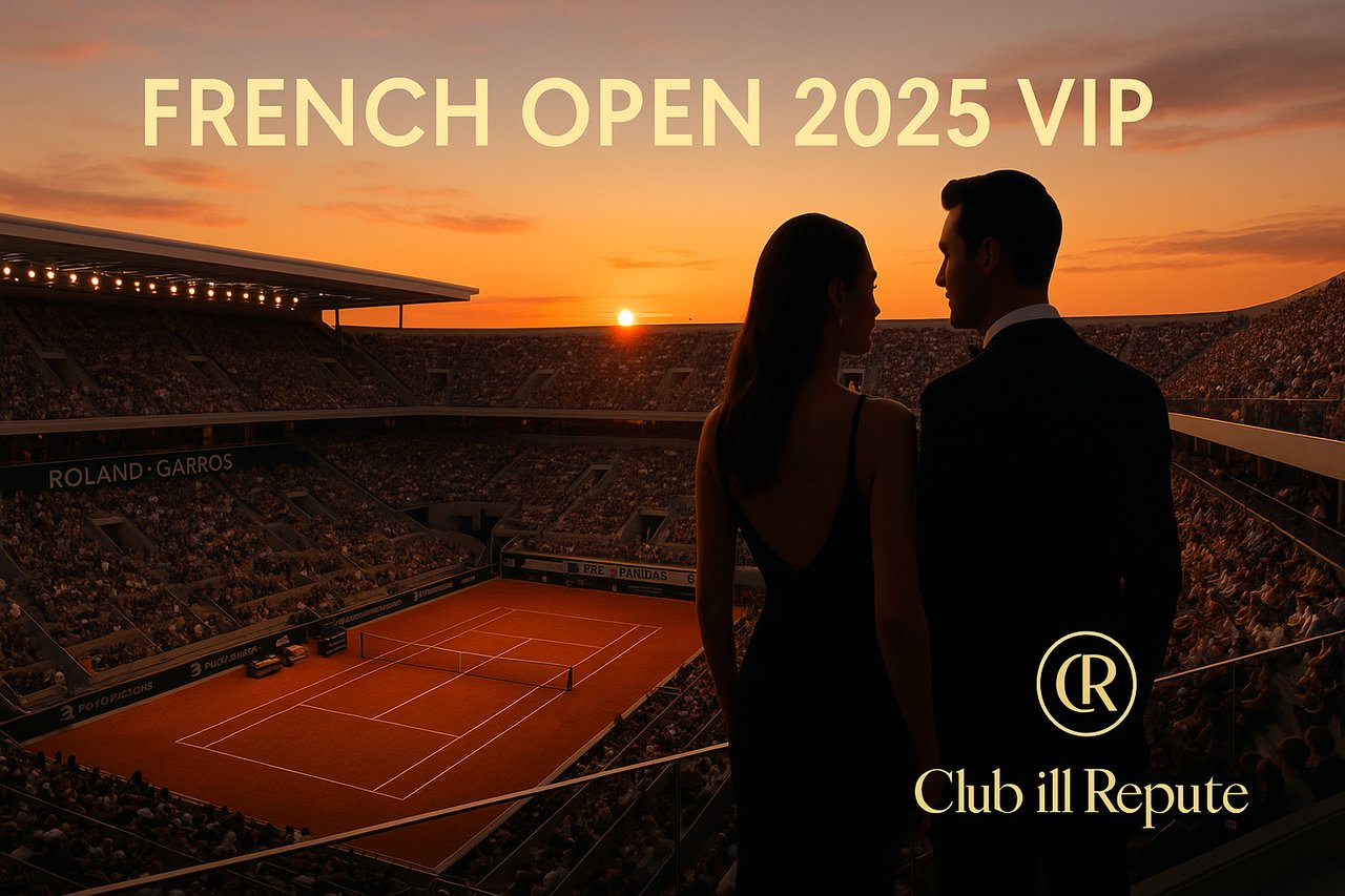 VIP couple with Club ill Repute Models overlooking Roland Garros at French Open 2025 sunset