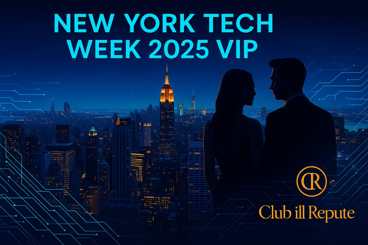 Club ill Repute Model guiding an executive through New York Tech Week 2025 skyline night scene, representing VIP companions and New York escorts