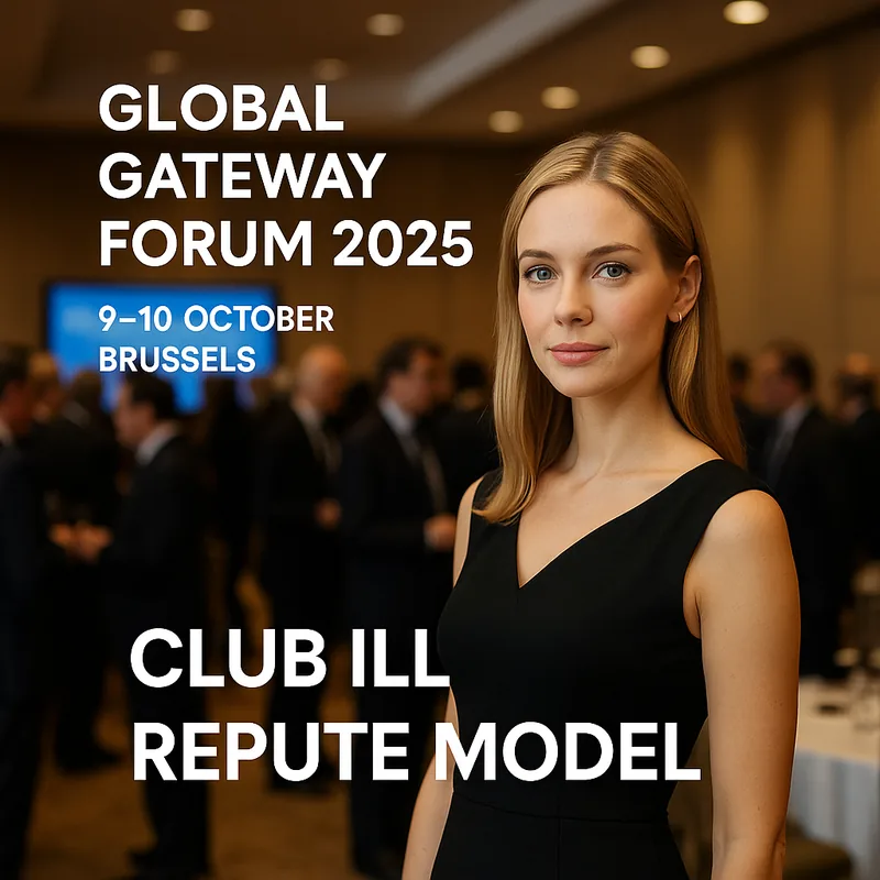 Club iLL Repute model at a Brussels business forum reception with participants networking in the background
