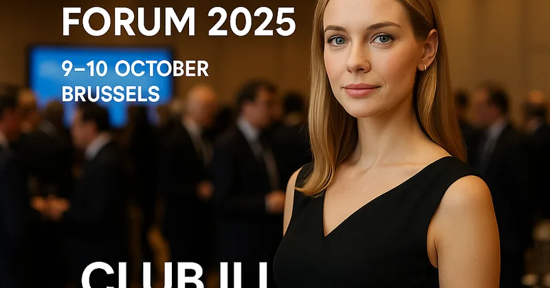 Business forum backdrop with Club iLL Repute model—Brussels Global Gateway Forum 2025