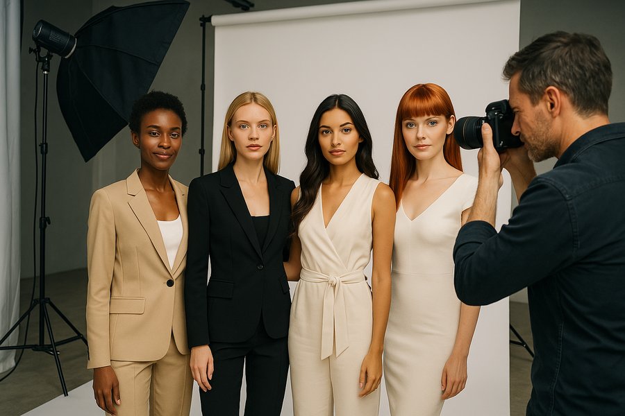 Diverse team of models posing in a studio while a photographer captures the shot, against a seamless white backdrop