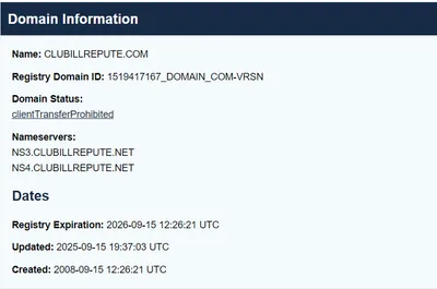 WHOIS details for clubillrepute.com showing registry domain