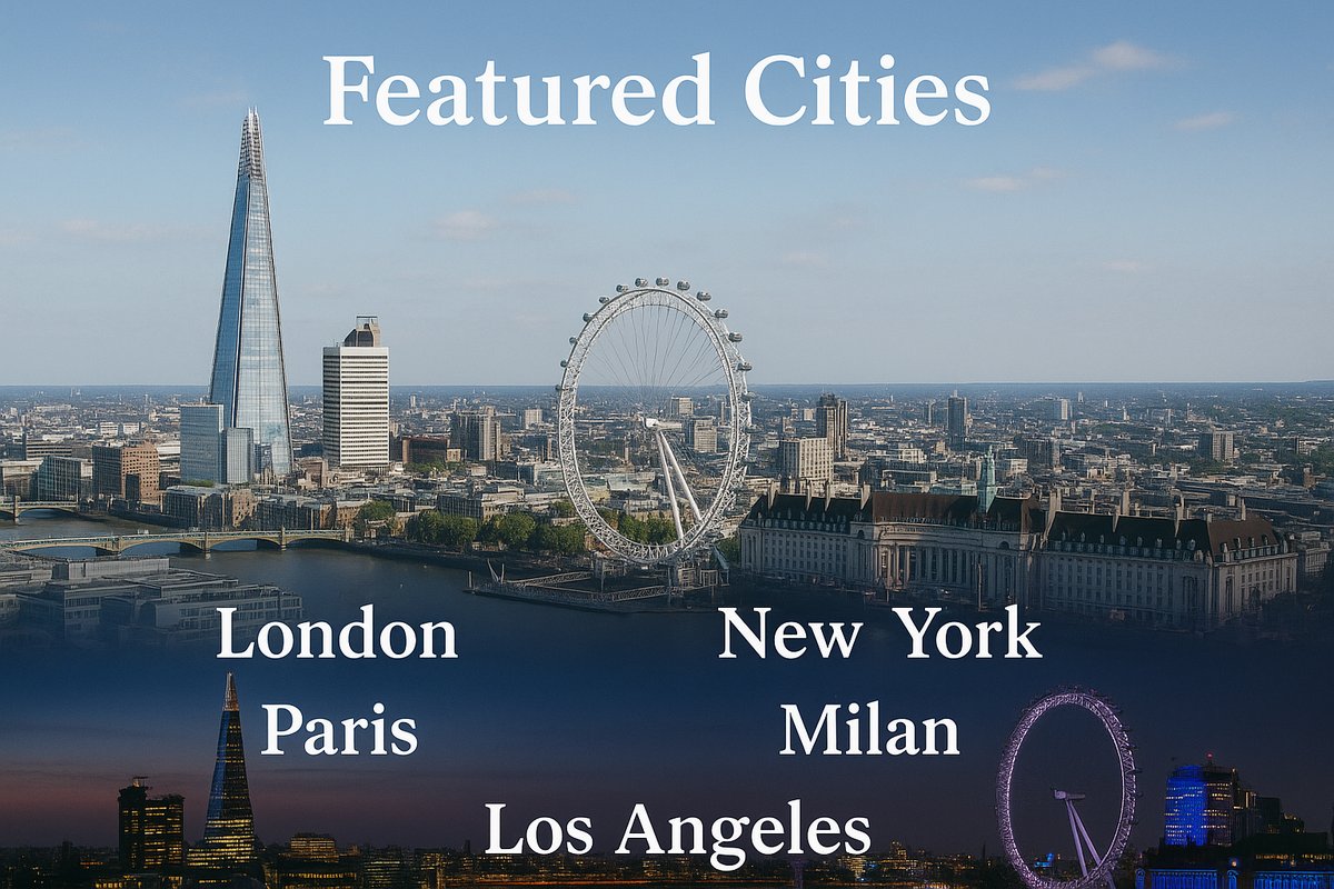 Featured Cities banner showing London, Paris, Los Angeles, New York, Milan