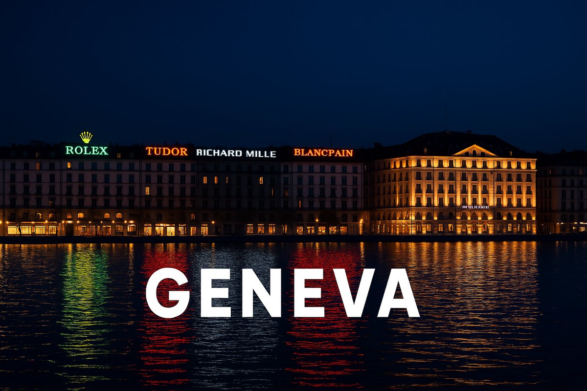 Night view of Geneva waterfront with luxury watch signage reflected on the lake