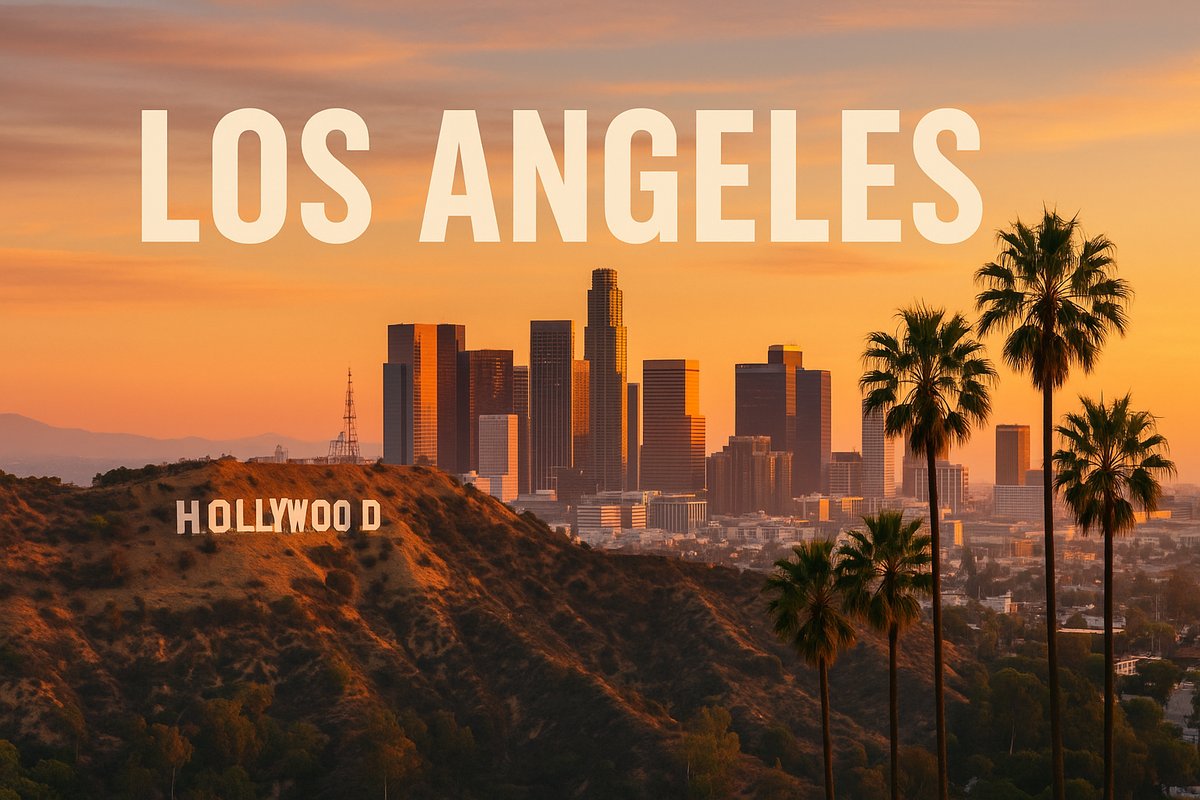 Los Angeles skyline at sunset with the Hollywood Sign and palm trees