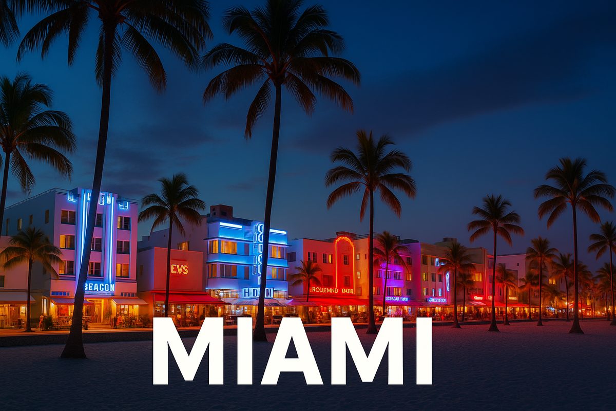 Miami skyline at sunset with palm trees and waterfront — Miami models by Club iLL Repute