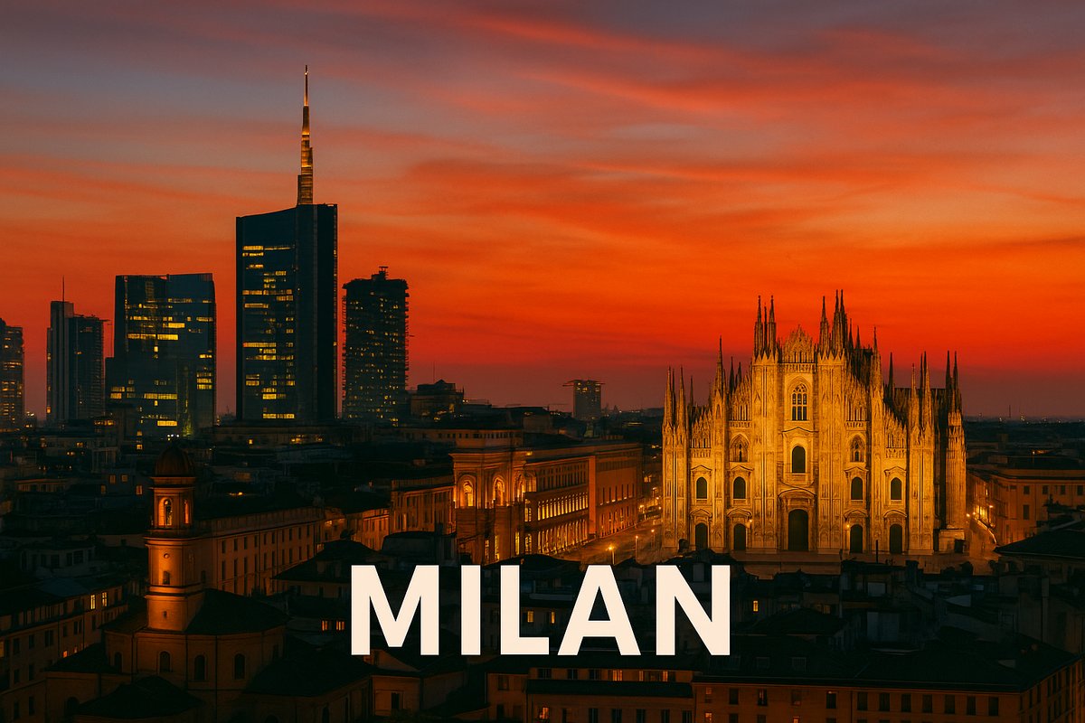 Milan skyline at sunset with the Duomo and modern Porta Nuova towers