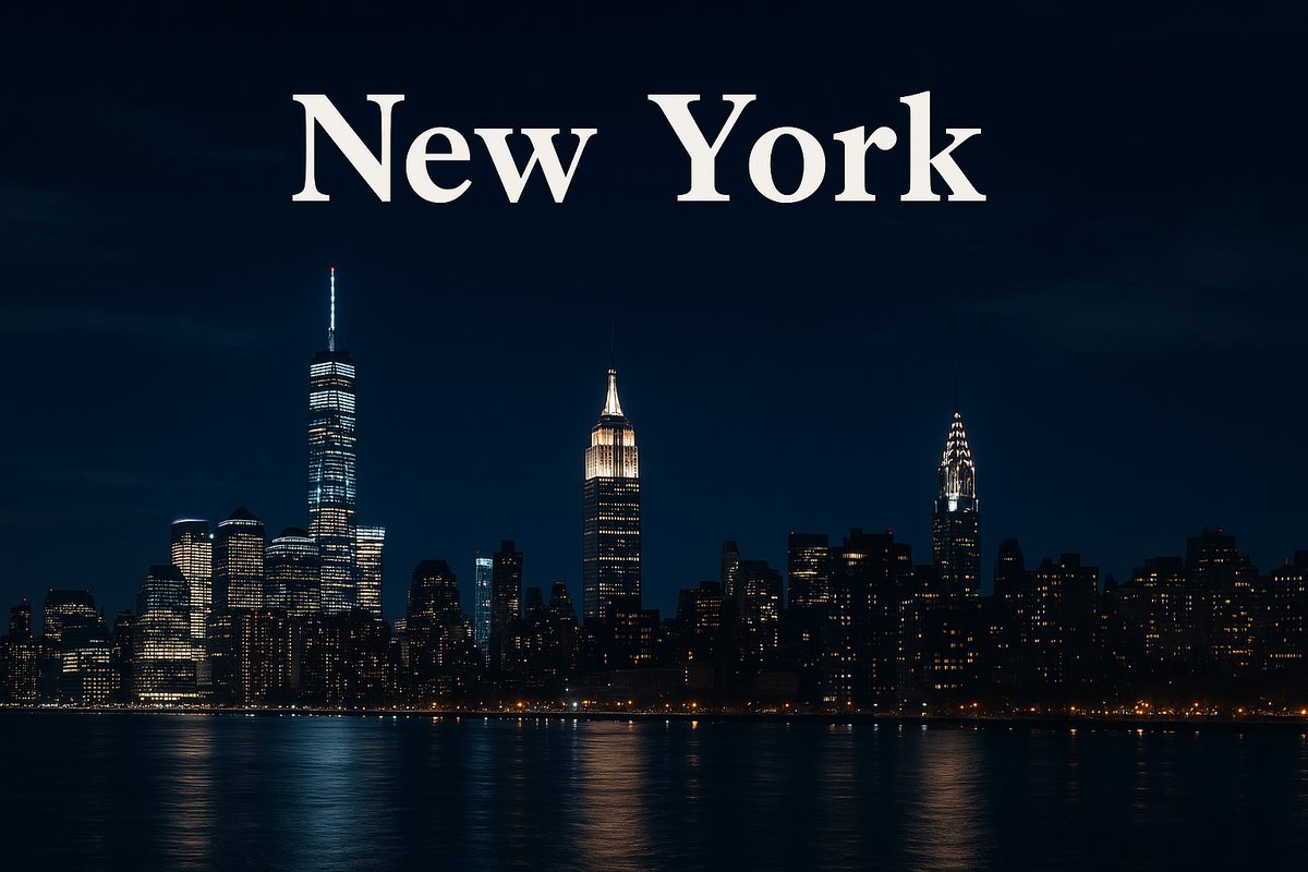 New York skyline at night with illuminated skyscrapers and river reflections