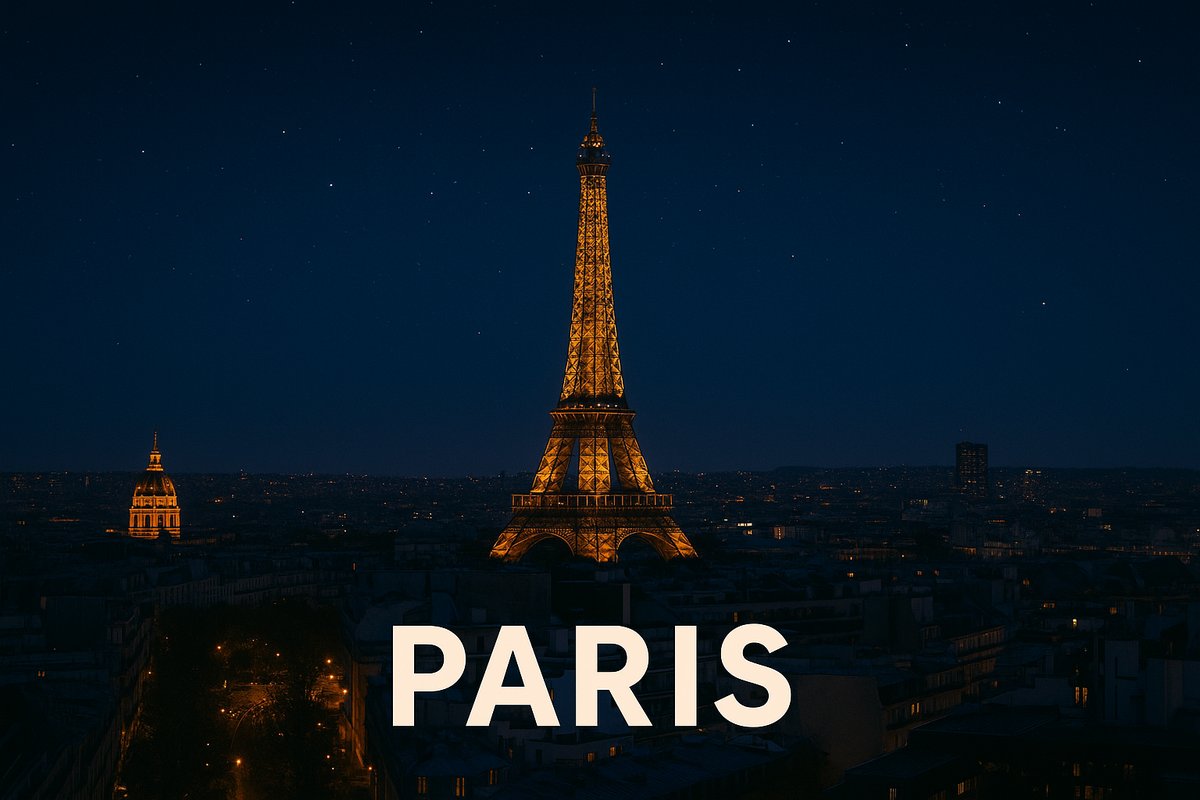 Paris at night with the Eiffel Tower illuminated and city skyline