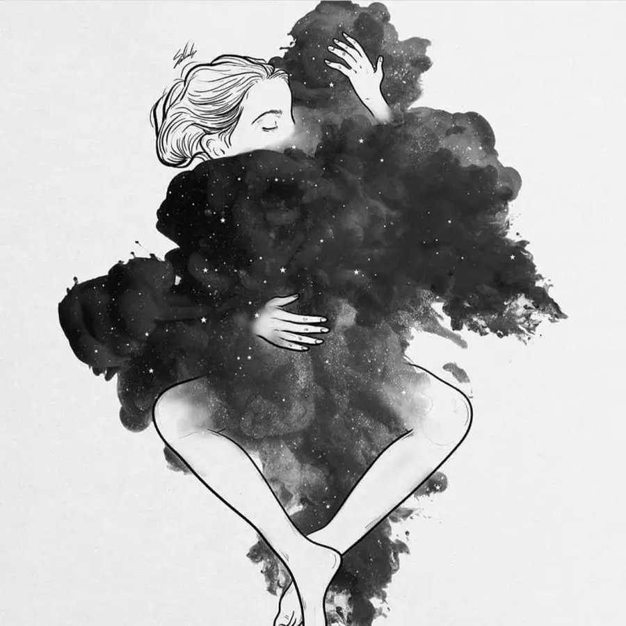 Minimal black-and-white illustration of a woman embracing a smoky, star-filled cloud