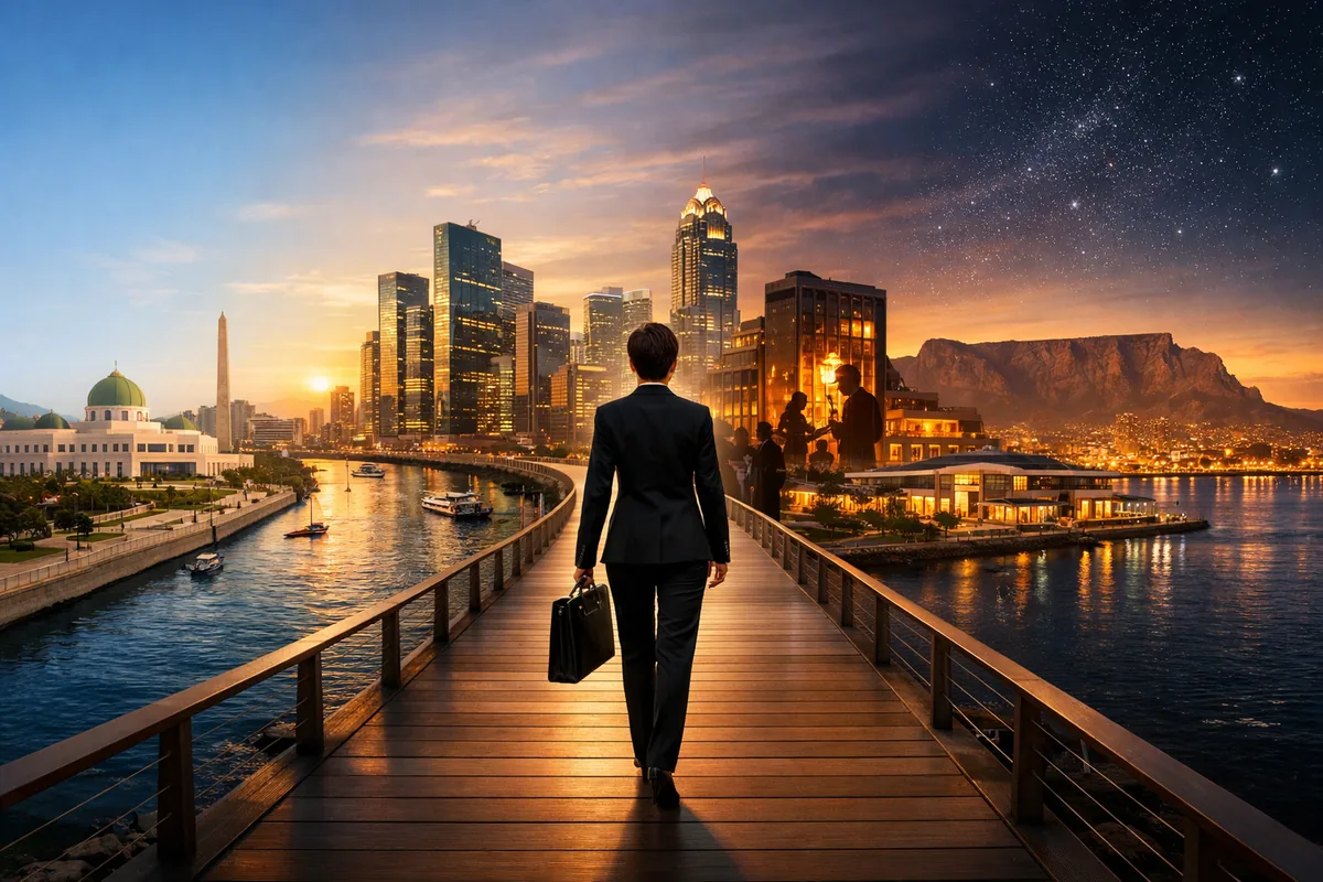 Executive walking along a waterfront boardwalk toward a modern skyline at sunset—luxury business scene by the sea