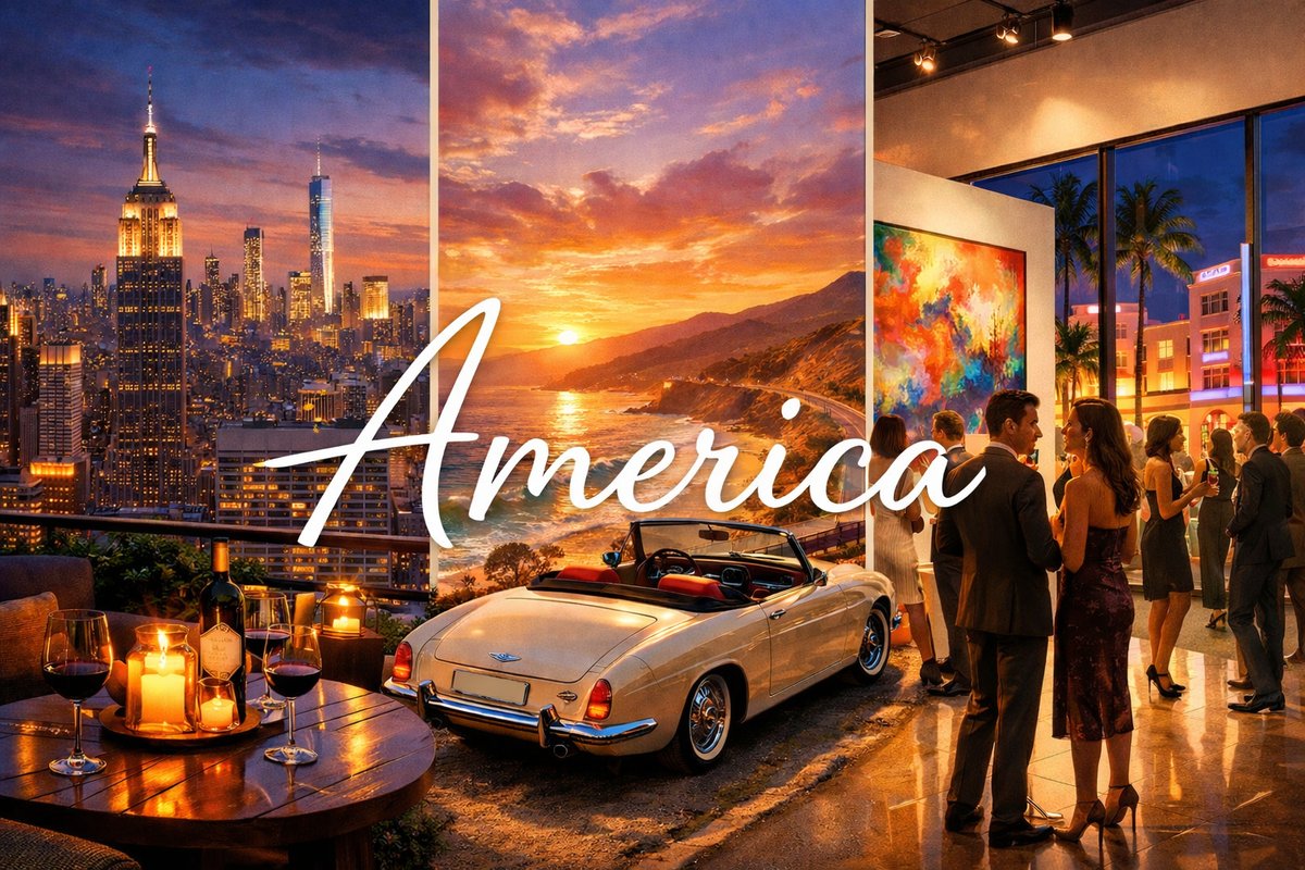 Collage of New York skyline, a California coastal drive in a classic convertible, and a chic Miami art-scene party with ‘America’ script overlay