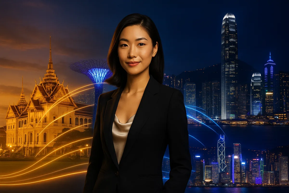 Club iLL Repute executive hostess with composite skylines of Bangkok, Singapore and Hong Kong at night