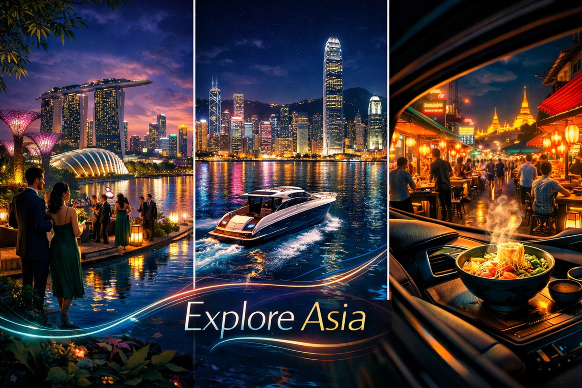 Explore Asia collage featuring Singapore’s skyline at dusk, a yacht in Hong Kong harbor, and Bangkok’s night-market dining scene.