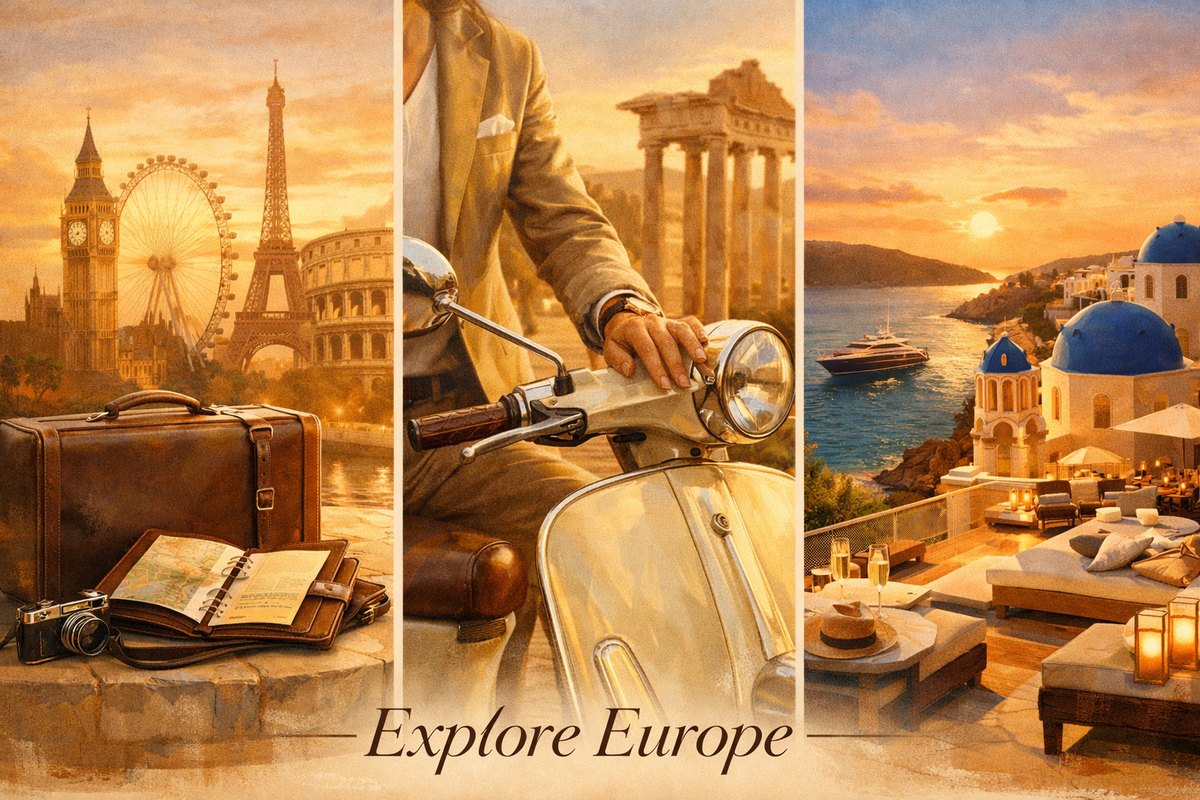 Explore Europe collage at golden hour: London landmarks, a Vespa in Rome, and Santorini’s blue-domed terraces overlooking the Aegean Sea.