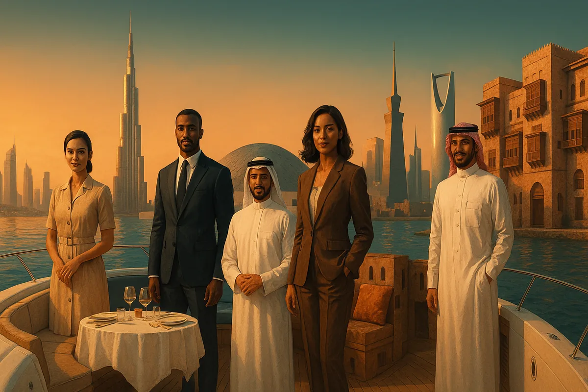 Club iLL Repute VIP hosts and models on a yacht at sunset with Dubai and Riyadh skylines in the background