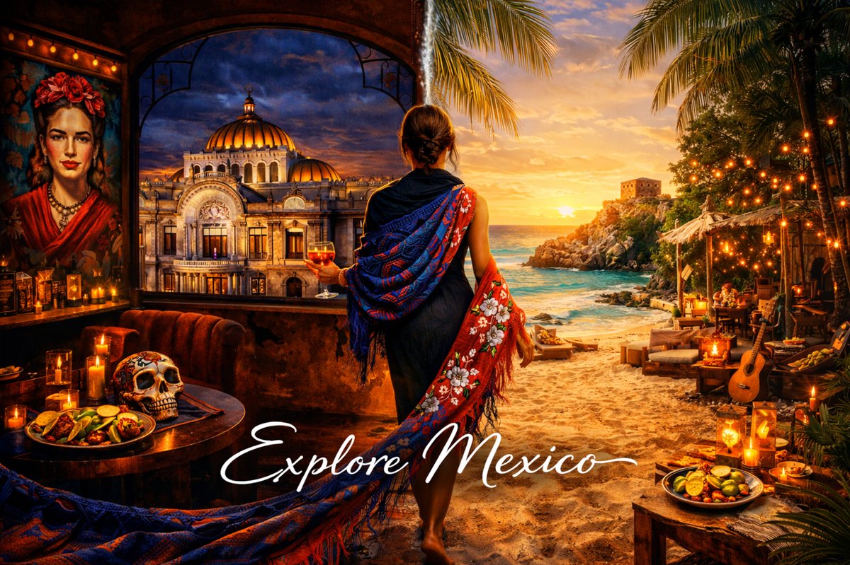 Mexico City’s art and architecture opening to a Riviera Maya beach at sunset with festive lights