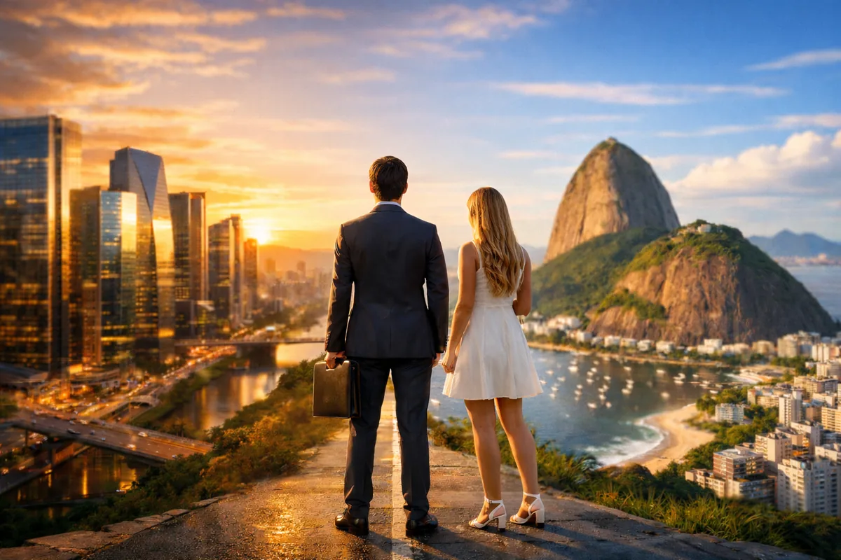 Elegant couple overlooking Rio de Janeiro’s coastline at golden hour with modern city skyline and Sugarloaf Mountain