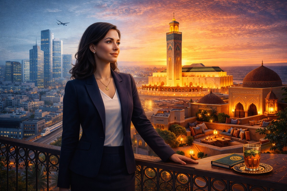 Elegant woman on a rooftop in Casablanca at sunset with the Hassan II Mosque, modern skyline, and Moroccan tea setting
