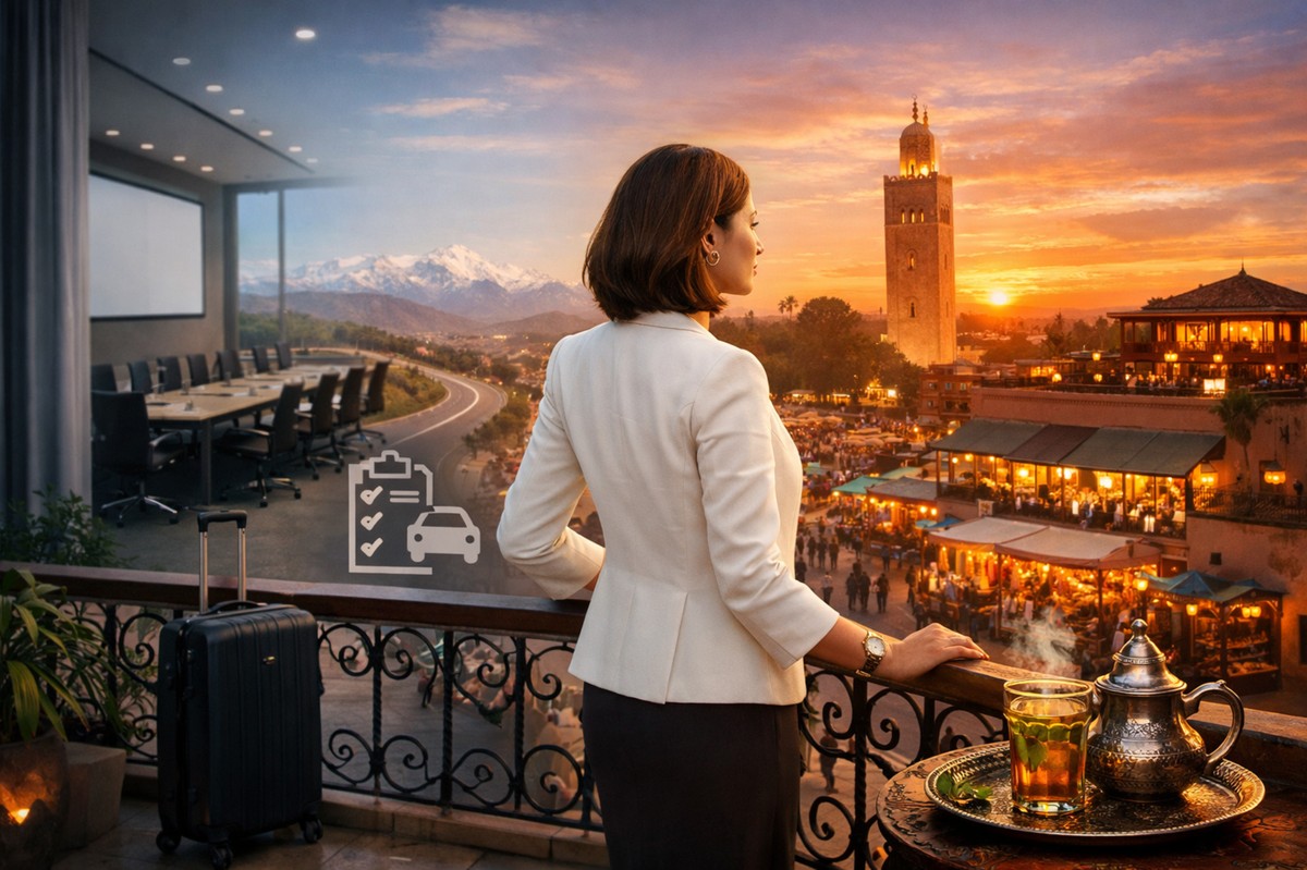 Marrakech cityscape featuring traditional Moroccan architecture, warm terracotta tones, and a vibrant medina atmosphere