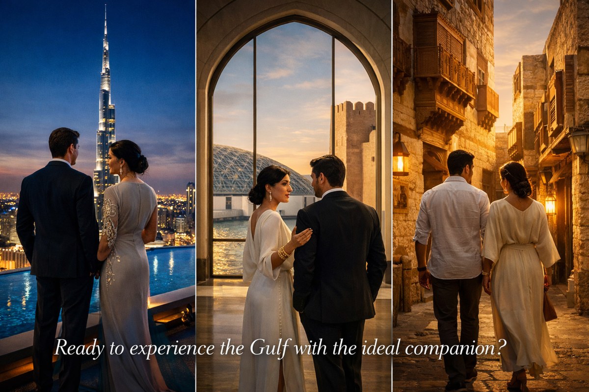 Elegant couple experiences across the Middle East—Dubai skyline, Louvre Abu Dhabi, and romantic stroll in a historic souk at sunset.