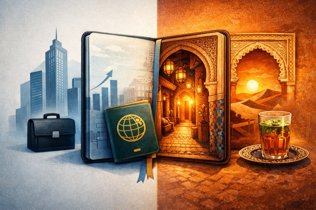 Luxury travel in Morocco: ornate riad corridor at sunset with mint tea and Moorish arches