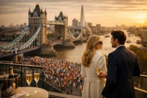 London Marathon runners racing through central London with iconic landmarks in the background