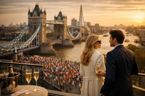 London Marathon runners racing through central London with iconic landmarks in the background