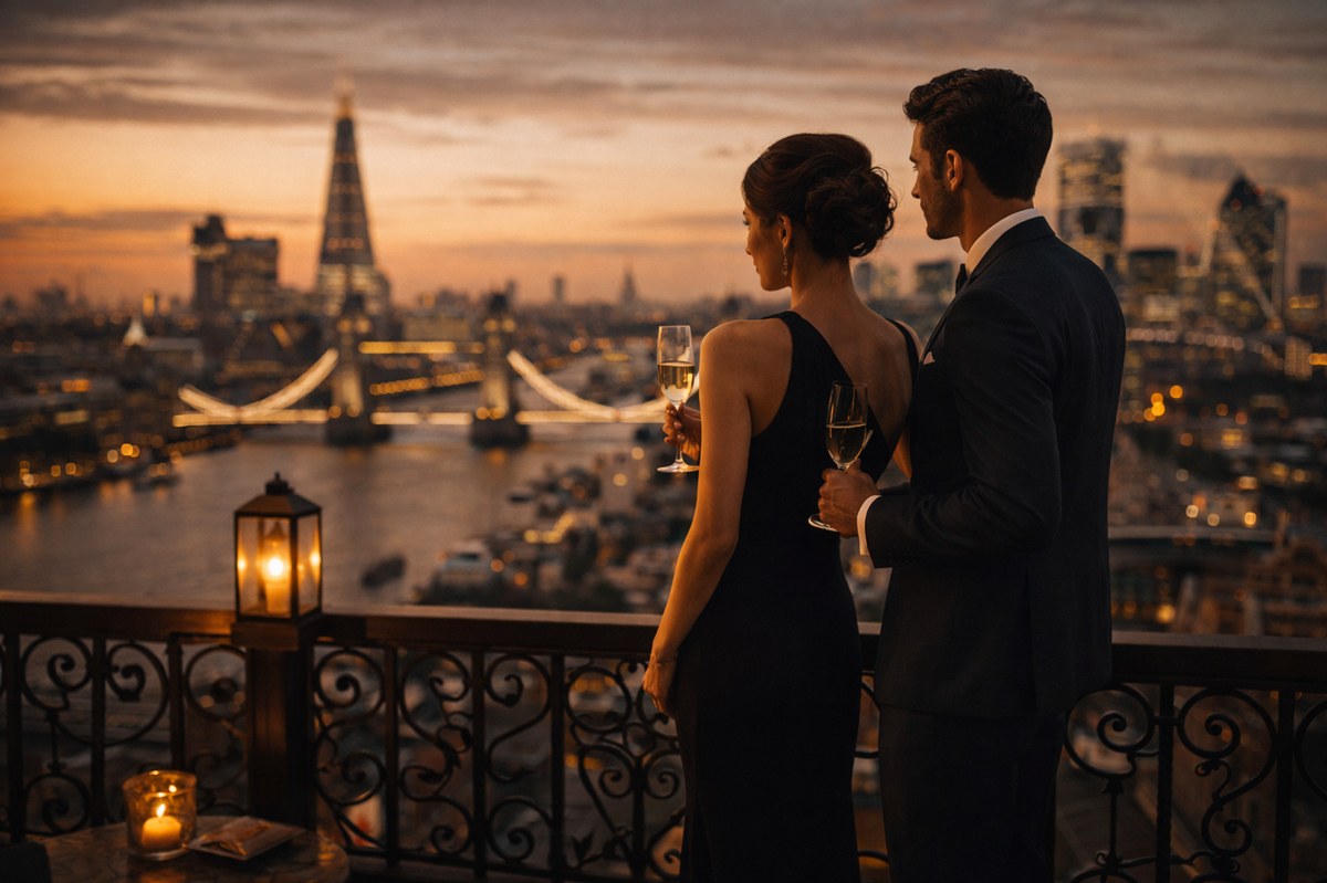 London skyline featuring iconic landmarks, modern city architecture, and a sophisticated European atmosphere