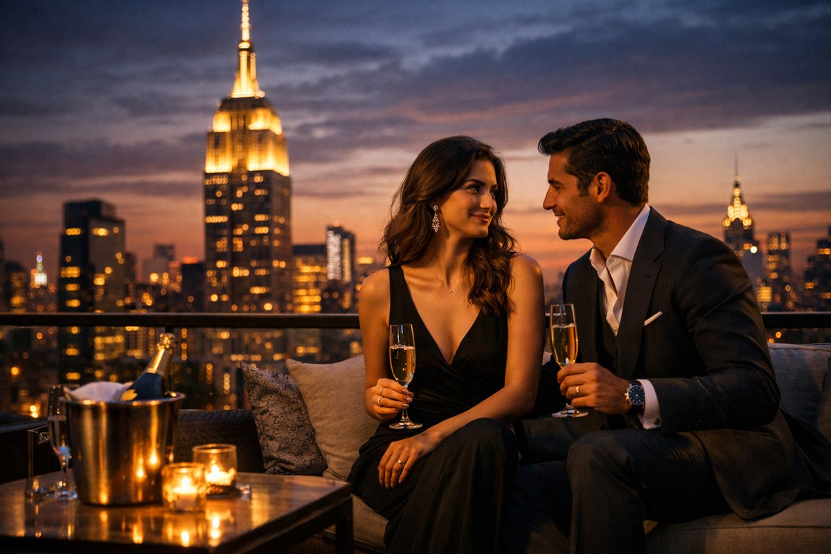 Sophisticated couple on a private Midtown Manhattan rooftop at twilight with champagne, the Empire State Building glowing behind them