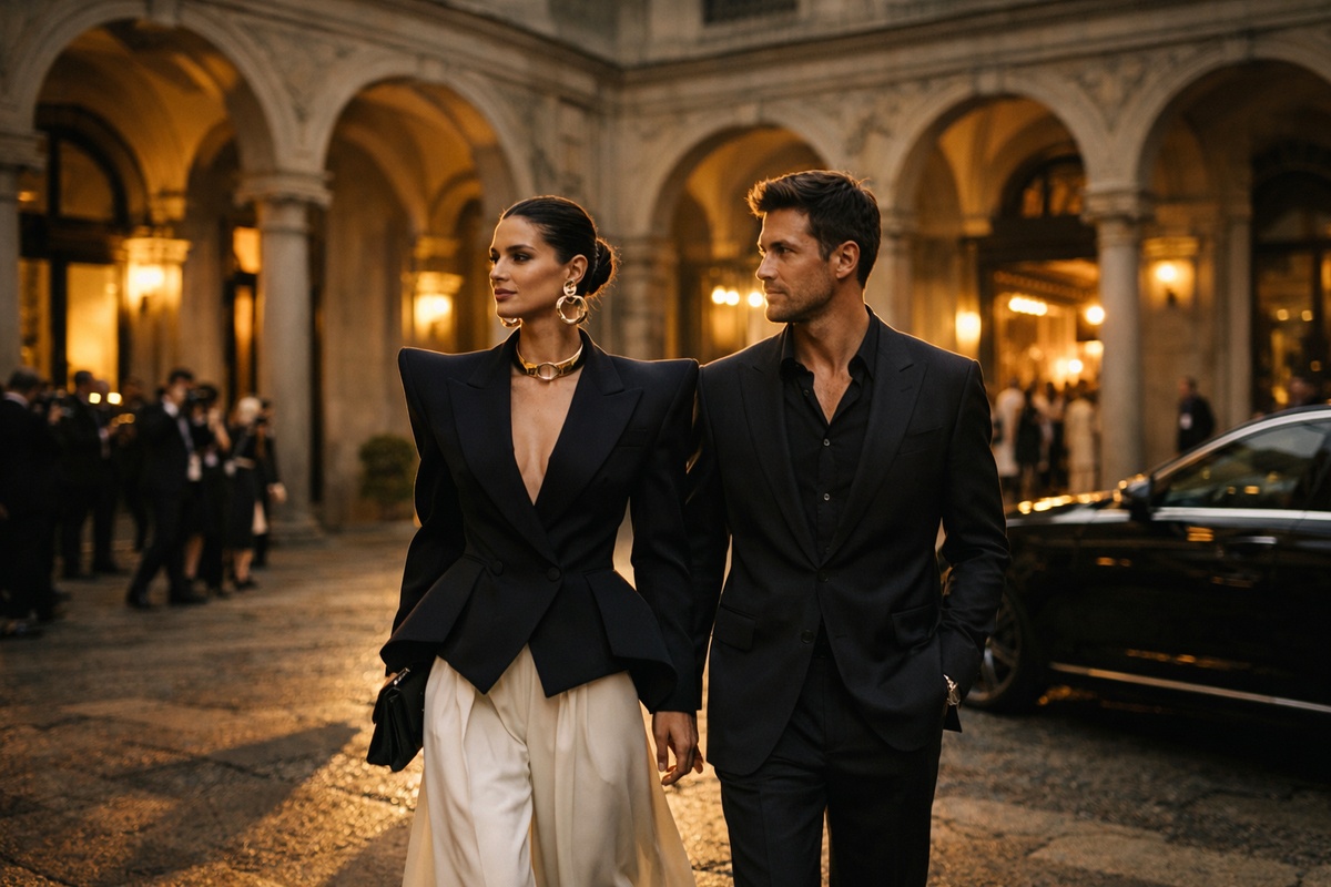Elegant couple arriving at Milan Fashion Week in luxury evening fashion outside a historic venue