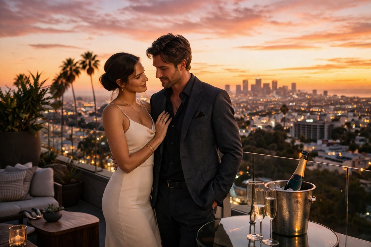 Elegant couple on a luxury rooftop terrace overlooking the Los Angeles skyline at sunset