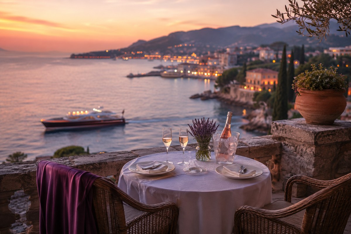 South of France terrace scene featuring a romantic table for two, rosé, champagne glasses, lavender, sunset coastal views, yachts, and a luxury French Riviera atmosphere