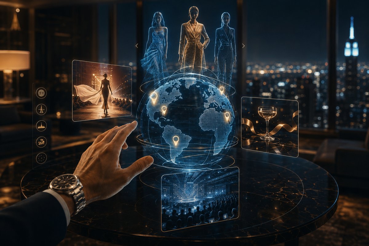 Luxury global events concierge scene featuring a holographic world map, international city pins, premium event cards, model silhouettes, and a glowing megacity skyline