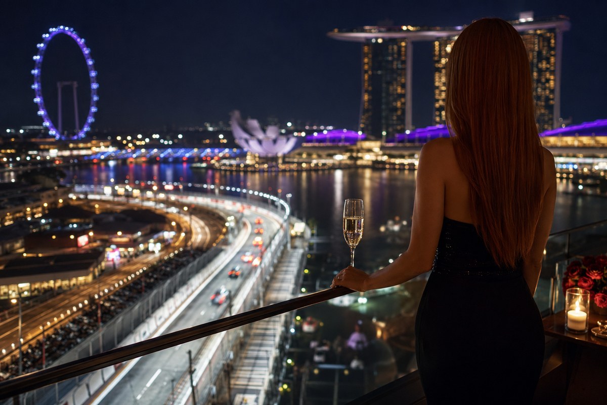 Singapore F1 balcony scene featuring an elegant woman in eveningwear holding champagne, overlooking the illuminated Marina Bay Street Circuit, Marina Bay Sands, city lights, and a luxury twilight skyline