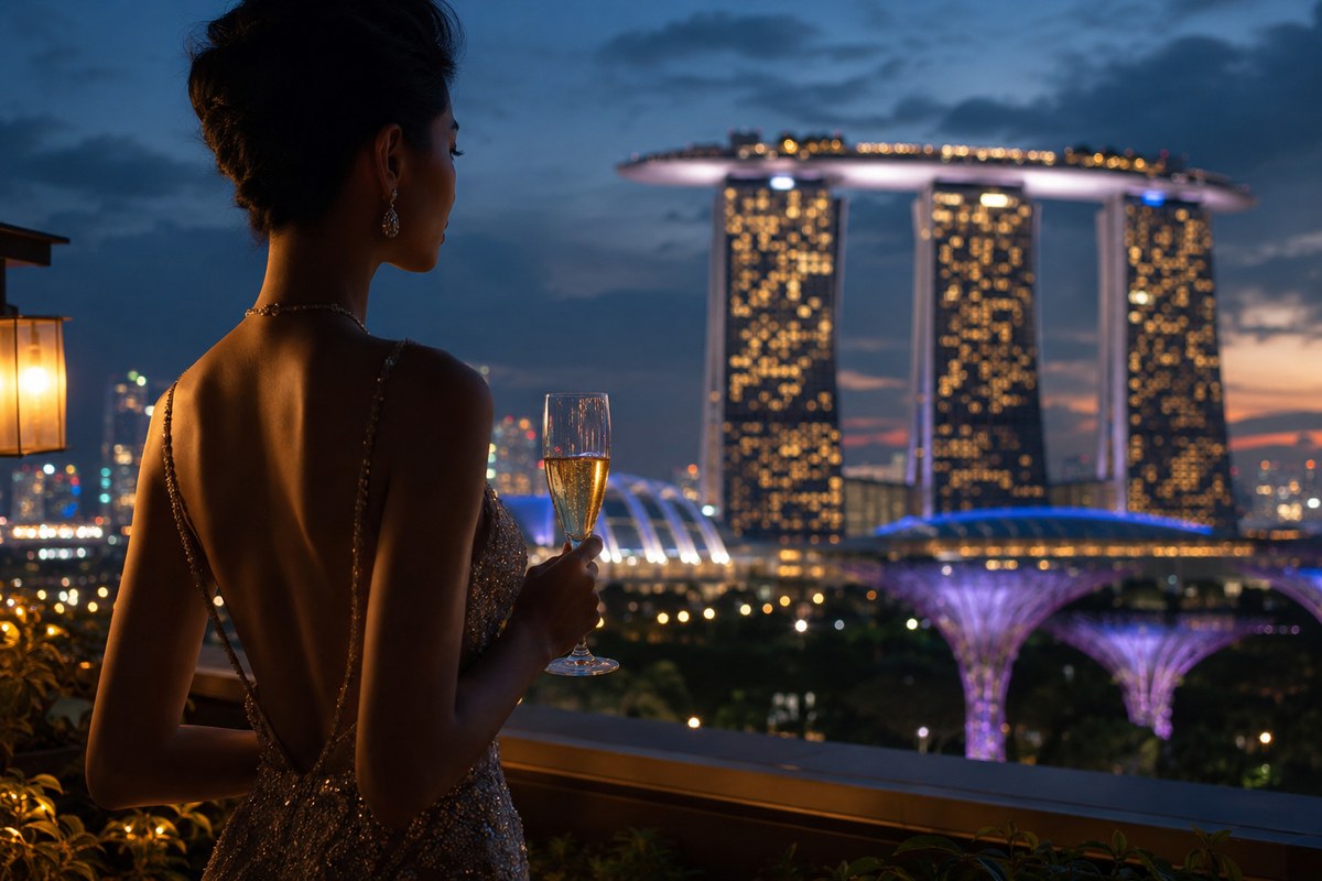 Singapore rooftop terrace scene featuring an elegant woman in eveningwear holding a champagne flute, with Marina Bay Sands, city lights, and the illuminated Supertree Grove at blue hour